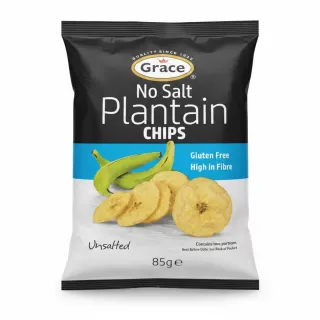 Front of Grace No Salt Plantain Chips bag showing branding and product image