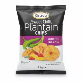 Grace Sweet Chilli Plantain Chips packet front showing product branding and chilli plantain chips