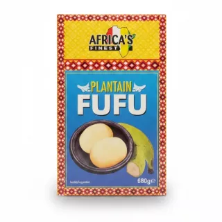 Box of Africa's Finest Plantain Fufu dough ball mix with plantain image
