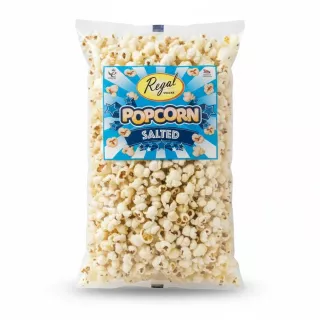 Bag of Regal Salted Popcorn front view showing blue label with popcorn graphics