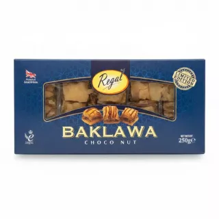 Box of Regal Baklawa Chocolate Nut with visible layers of pastry