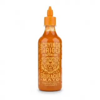 Front label of Crying Thaiger Sriracha Mayo chilli sauce bottle