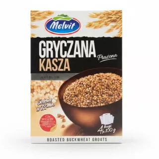 Box of Melvit roasted buckwheat groats showing brand and product name front