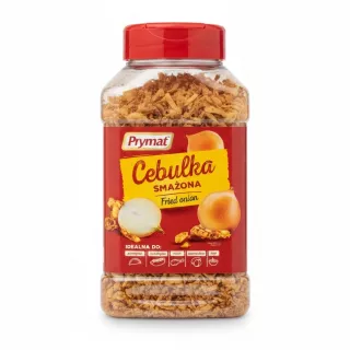 Plastic container of Prymat fried onion crisps with red lid and yellow label