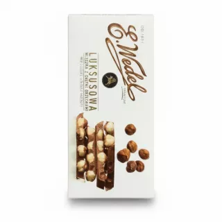 E. Wedel milk chocolate bar with whole hazelnuts in a white wrapper