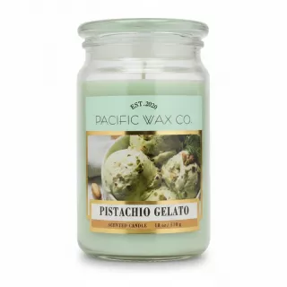 Pacific Wax Co. Pistachio Gelato scented candle in a glass jar