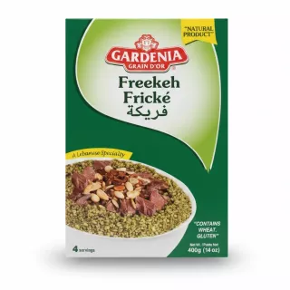 Front packaging of Gardenia Freekeh showing green roasted wheat dish with lamb and nuts