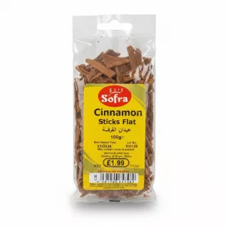 Clear pack of Sofra Cinnamon Sticks Flat showing flat shaped cinnamon pieces