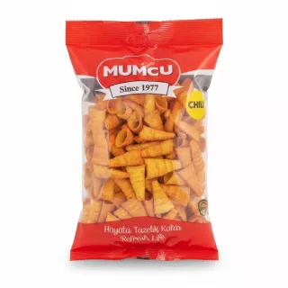 Pack of Mumcu Crunch Chili corn snacks in red and clear packaging
