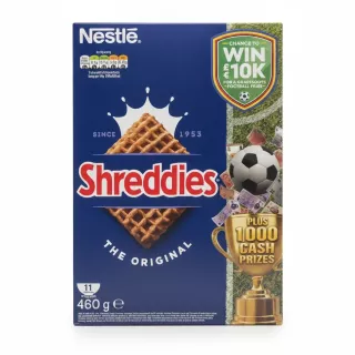 Nestlé Shreddies The Original cereal box front with serving size and promotion