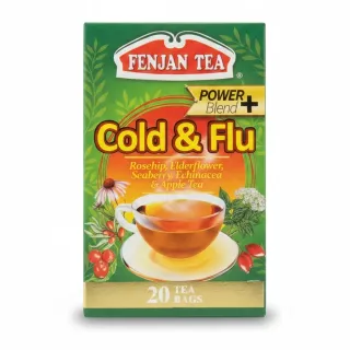 Fenjan Tea box front with Cold & Flu Power Blend label and cup of tea image