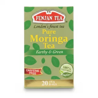Front view of Fenjan Pure Moringa Tea box showing branding and leaf design