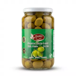 Enhanced Front of Sahha Colossal Green Olives jar with green label in grocery aisle