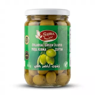 Enhanced Front view of jar of Sahha Colossal Green Olives 600g