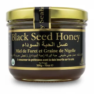 Jar of River of Honey Black Seed Honey with black and gold label