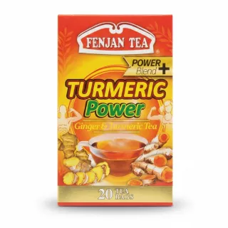 Fenjan Tea Turmeric Power box front view with ginger and turmeric root illustrations