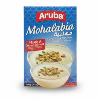 Aruba Mohalabia dessert mix box front with bowl of pudding and pistachios