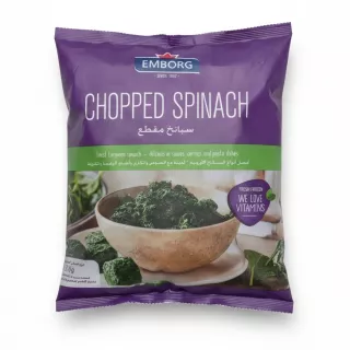 Emborg brand bag of chopped frozen spinach with bowl of cooked spinach on front