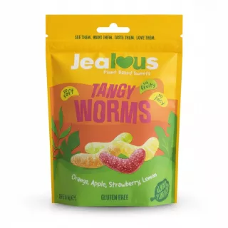 Pack of Jealous brand plant based tangy gummy worms in bright yellow and green resealable bag