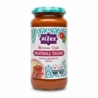 Jar of Al'Fez Moroccan Style Meatball Tagine Sauce with vibrant label