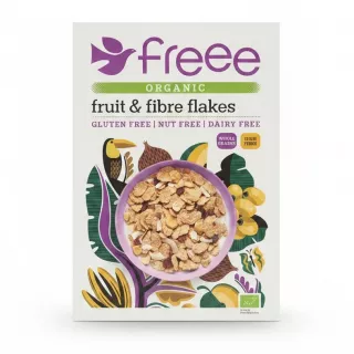Box of Freee Organic Fruit & Fibre Flakes cereal showing front design with bowl of flakes
