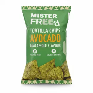 Mister Free'd Avocado Guacamole Tortilla Chips front packaging showing product name and key features