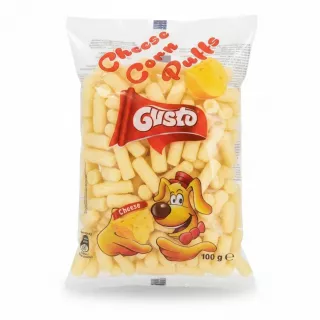Gusto Cheese Corn Puffs front pack view showing cheesy puffs and cartoon dog