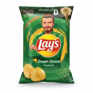 Front view of Lay's Green Onion crisps packet with FIFA World Cup 26th sponsor branding