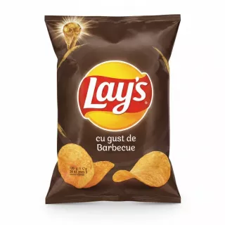 Front view of Lay's Barbecue flavour potato chips packet