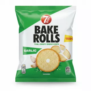 Packet of 7 Days Bake Rolls Garlic flavour showing bread chips and garlic cloves