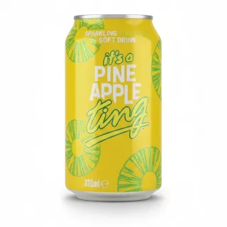 Jamaica Ting sparkling pineapple soft drink can, yellow with green pineapple illustrations