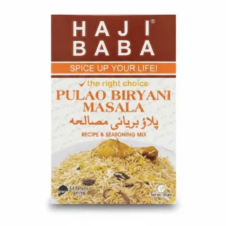 Haji Baba Pulao Biryani Masala box front with rice and chicken image