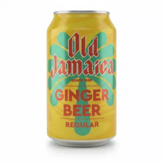 Old Jamaica Ginger Beer Regular 330ml can front view with colourful yellow and green design
