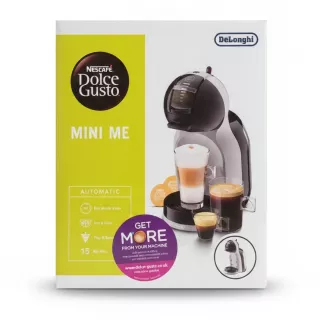 Box featuring the DeLonghi NESCAFÉ Dolce Gusto Mini Me Coffee Machine with coffee drinks displayed