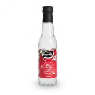 Greenfields Rose Water bottle with red label and black sealed cap