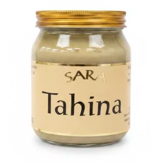 Jar of Sara Tahina sesame paste with golden lid
