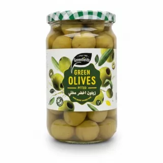 Jar of Greenfields pitted green olives front view