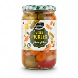 Jar of Greenfields Mixed Pickles showing label and contents