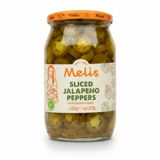 Jar of Melis brand sliced jalapeno peppers in pickling liquid