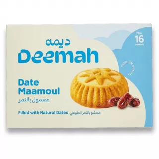 Enhanced Front of Deemah Date Maamoul box showing product and date filling