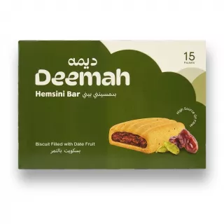 Enhanced Front of Deemah Hemsini Bar Date Biscuit box 15 pack with price label