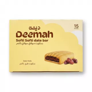 Enhanced Front packaging of Deemah Softi Softi Date Bar 15 pack, yellow box, product image