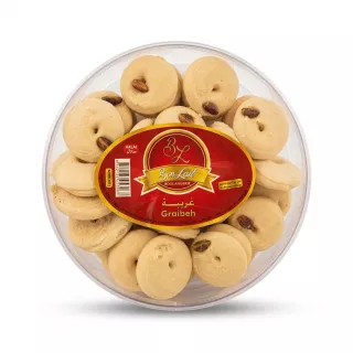Enhanced Front view of Bon Lait Graibeh Lebanese biscuits in round plastic box