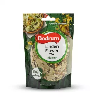 Enhanced Front of Bodrum Linden Flower Tea 20g pack held in hand showing product label