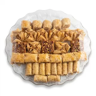 Enhanced Platter of assorted Middle Eastern baklava wrapped for display