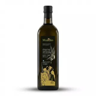 Enhanced Front of MedOlio Extra Virgin Olive Oil 1L bottle showing label and offer price