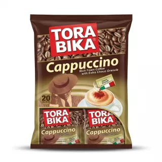 Enhanced Front of Torabika Cappuccino 20 sachets pack with coffee cup and choco granule visuals
