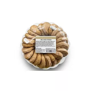 Enhanced A clear plastic tray of golden brown milk chocolate cookies in a circular arrangement with ingredient label and price sticker