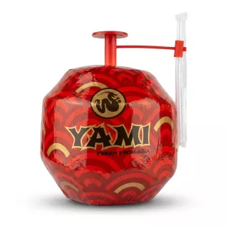Enhanced Front view of YAMI Fresh Coconut with red packaging and attached straw