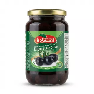 Enhanced Front of Alsaadah Salqini Black Olives jar with green label